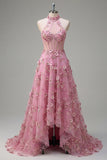 Taro A-Line Halter Neck Corset Long Prom Dress with Appliqued 3D Flowers