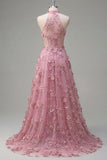 Taro A-Line Halter Neck Corset Long Prom Dress with Appliqued 3D Flowers