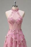 Taro A-Line Halter Neck Corset Long Prom Dress with Appliqued 3D Flowers