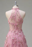 Taro A-Line Halter Neck Corset Long Prom Dress with Appliqued 3D Flowers