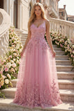 Taro A-Line Spaghetti Straps Long Prom Dress with Appliqued 3D Flowers