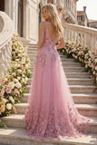 Taro A-Line Spaghetti Straps Long Prom Dress with Appliqued 3D Flowers
