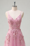 Taro A-Line Spaghetti Straps Long Prom Dress with Appliqued 3D Flowers