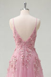 Taro A-Line Spaghetti Straps Long Prom Dress with Appliqued 3D Flowers