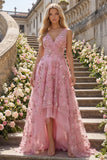 Pearl Embellished A-Line V-Neck Taro Long Prom Dress with Appliqued 3D Flowers
