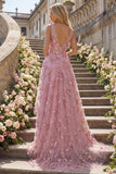 Pearl Embellished A-Line V-Neck Taro Long Prom Dress with Appliqued 3D Flowers