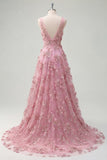 Pearl Embellished A-Line V-Neck Taro Long Prom Dress with Appliqued 3D Flowers
