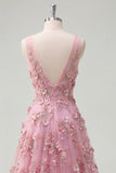 Pearl Embellished A-Line V-Neck Taro Long Prom Dress with Appliqued 3D Flowers