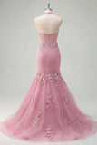 Mermaid Taro Halter Neck Corset Pearl Embellished Long Prom Dress with 3D Flowers