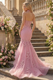 Mermaid Taro Halter Neck Corset Pearl Embellished Long Prom Dress with 3D Flowers