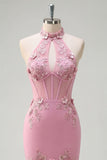 Mermaid Taro Halter Neck Corset Pearl Embellished Long Prom Dress with 3D Flowers