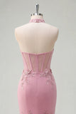Mermaid Taro Halter Neck Corset Pearl Embellished Long Prom Dress with 3D Flowers