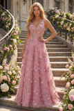 Pearl Embellished A-Line Taro V-Neck Appliqued Long Prom Dress with 3D Flowers