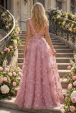 Pearl Embellished A-Line Taro V-Neck Appliqued Long Prom Dress with 3D Flowers