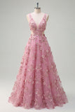 Pearl Embellished A-Line Taro V-Neck Appliqued Long Prom Dress with 3D Flowers