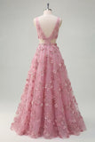 Pearl Embellished A-Line Taro V-Neck Appliqued Long Prom Dress with 3D Flowers