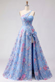 Blue One Shoulder A Line Appliqued Prom Dress with Slit