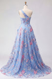 Blue One Shoulder A Line Appliqued Prom Dress with Slit