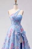 Blue One Shoulder A Line Appliqued Prom Dress with Slit