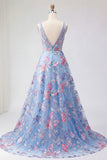 Blue Floral A Line V Neck Long Prom Dress