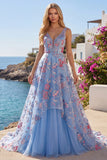 Blue Floral A Line V Neck Long Prom Dress