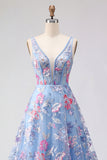 Blue Floral A Line V Neck Long Prom Dress