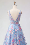 Blue Floral A Line V Neck Long Prom Dress