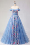 Off the Shoulder Blue A Line Appliqued Corset Long Prom Dress
