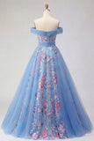 Off the Shoulder Blue A Line Appliqued Corset Long Prom Dress