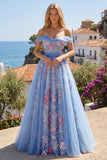 Off the Shoulder Blue A Line Appliqued Corset Long Prom Dress