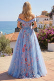 Off the Shoulder Blue A Line Appliqued Corset Long Prom Dress