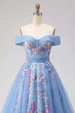 Off the Shoulder Blue A Line Appliqued Corset Long Prom Dress