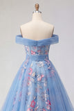 Off the Shoulder Blue A Line Appliqued Corset Long Prom Dress