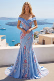 Blue V Neck Mermaid Appliqued Corset Long Prom Dress