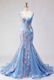 Mermaid Blue Floral V Neck Corset Long Prom Dress