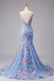 Blue Mermaid Floral Spaghetti Straps V Neck Long Prom Dress