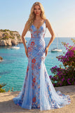 Blue Mermaid Floral Spaghetti Straps V Neck Long Prom Dress