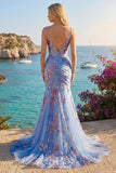 Blue Mermaid Floral Spaghetti Straps V Neck Long Prom Dress