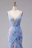 Blue Mermaid Floral Spaghetti Straps V Neck Long Prom Dress