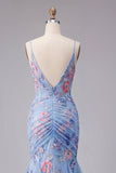 Blue Mermaid Floral Spaghetti Straps V Neck Long Prom Dress