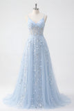Blue A Line Sequin Corset Appliqued Long Prom Dress