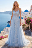 Blue A Line Sequin Corset Appliqued Long Prom Dress