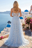 Blue A Line Sequin Corset Appliqued Long Prom Dress