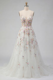 White A Line Sequin Long Wedding Dress with 3D Flowers