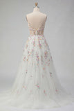 White A Line Sequin Long Wedding Dress with 3D Flowers