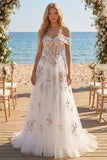 Sparkly White Beaded Off the Shoulder Floral Corset A Line Long Wedding Dress