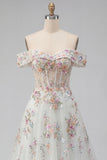 Sparkly White Beaded Off the Shoulder Floral Corset A Line Long Wedding Dress