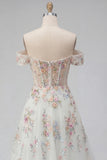 Sparkly White Beaded Off the Shoulder Floral Corset A Line Long Wedding Dress