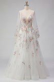 White Floral Ruched V-Neck A Line Long Sleeves Wedding Dress