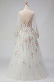 White Floral Ruched V-Neck A Line Long Sleeves Wedding Dress